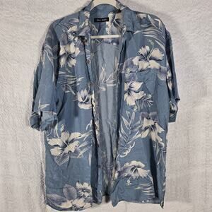 Silk Icon Hawaiian Shirt Men’s Large Blue Floral Button Up Tropical Camp Aloha